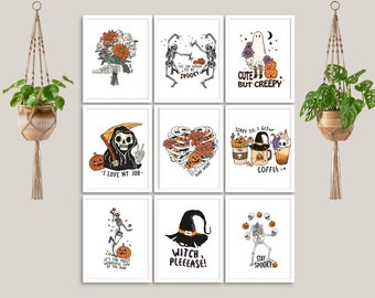 Halloween geïllustreerde citaten en gezegden, 10 afdrukken, afdrukbare kunst aan de muur voor uw galerijmuur, set 2