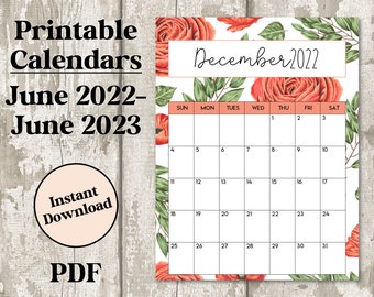 Maandelijkse planner afdrukbaar, juni 2022-juni 2023 Academische maandkalender afdrukbare planner, bloemen aquarel, PDF, elegant mooi, lijnen
