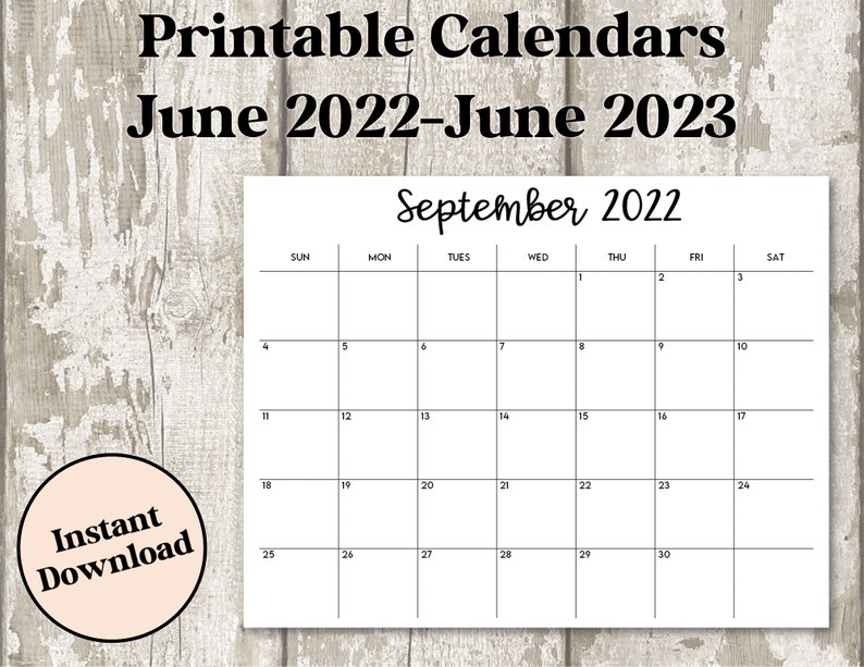 Puede incluir: Un calendario imprimible de junio de 2022 a junio de 2023, con un calendario de septiembre de 2022. El calendario es blanco con texto negro, que muestra los d&iacute;as y las fechas. Tambi&eacute;n se ven las palabras "Printable Calendars" e "Instant Download".