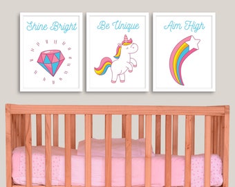 Eenhoorn, Diamant, Ster prints, Set van 3, wanddecor, kinderkamer, kinderkamer kunst