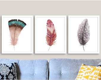 Set van 9, Aquarel Feather Prints, afdrukbare kunst aan de muur voor uw woonkamer, toegangsweg, slaapkamer; Direct downloaden
