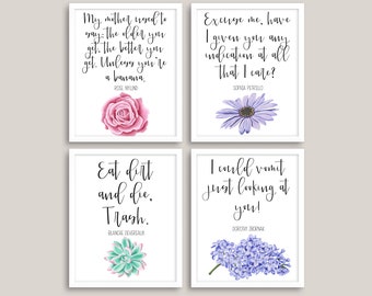 Golden Girls Quotes Poster Set Afdrukbaar, Set van 4 Prints met aquarelbloemen, Instant digitale download, 8,5x11 inch, portret