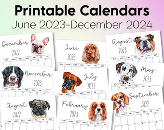 Maandelijkse planner afdrukbare 2023-2024, afdrukbare kalenders, afdrukbare kinderkalenders, hondenkalenders, schattige kalenders