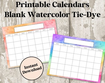 Lege kalender, afdrukbaar, planner, digitale download, sjabloon, 8,5 x 11, landschap, PDF, aquarel, tie-dye, schattige kalender
