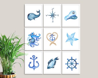 Nautische aquarel prints, set van 10, muur decor, kamer kunst