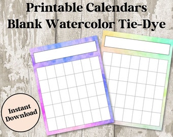 Lege kalender, afdrukbaar, planner, digitale download, sjabloon, 8.5x11 (letter), PDF, aquarel, tie-dye, schattige kalender