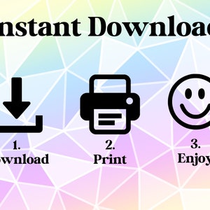 Puede incluir: Imagen con el texto "Descarga instant&aacute;nea" en la parte superior. Debajo, tres pasos: descargar, imprimir y disfrutar, cada uno con un icono correspondiente. El fondo es un patr&oacute;n geom&eacute;trico colorido.