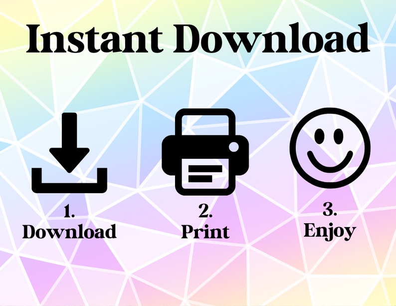 Puede incluir: Imagen con el texto "Descarga instant&aacute;nea" en la parte superior. Debajo, tres pasos: descargar, imprimir y disfrutar, cada uno con un icono correspondiente. El fondo es un patr&oacute;n geom&eacute;trico colorido.