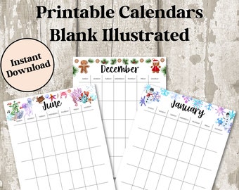 AFDRUKBARE BLANCO portret maandkalender, kinderthemakalender, ongedateerde maandkalender, afdrukbare planner, portret, Amerikaanse brief