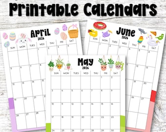 Calendario mensual imprimible 2026 / Calendarios bonitos para niños / Planificador de pared de 12 meses / Descarga instantánea en PDF / Comienza en domingo y lunes