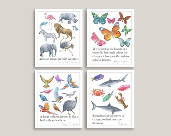 Aquarel Wildlife Dieren en Citaten, Set van 4 Prints