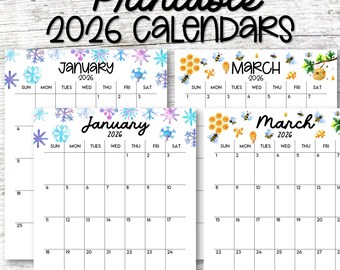 Calendarios mensuales imprimibles de 2026 con diseños de acuarela / Planificador de pared de 12 meses / Descarga instantánea en PDF / Incluye 2 versiones de fuente