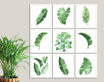 Tropische bladeren aquarelprints, set van 9, wanddecoratie, woonkamerkunst