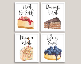 Set van 4, Dessert afdrukbare kunst aan de muur, keuken decor, digitale download, treat yo zelf