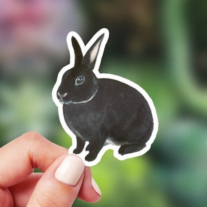 Black Bunny sticker, dierlijke laptop vinyl sticker, aquarel konijn sticker, schattig konijn kunst cadeau, esthetische bidon beker tijdschrift decor