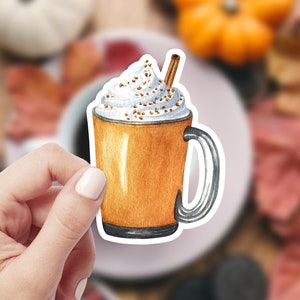 Pegatina de café con leche de especias de calabaza de acuarela, calcomanía de café de otoño, pegatina de computadora portátil de bebida de otoño, calcomanía de vinilo impermeable para botella de agua de matraz hidráulico