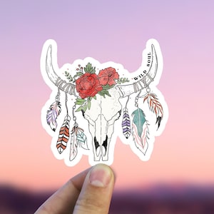 Adesivo Boho Bull Skull, adesivo in vinile occidentale, adesivi estetici Boho, decalcomania per laptop Hydro Flask con bottiglia d'acqua impermeabile, teschio floreale