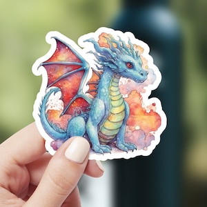 Linda pegatina de dragón de acuarela, pegatina de vinilo impermeable de arte de fantasía para matraz de botella de agua portátil, calcomanía de animal Drake, regalo de mejor amigo