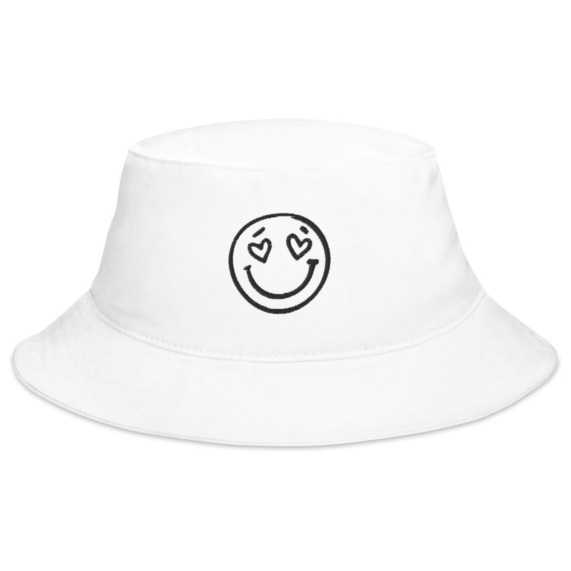 Smiley Face White Bucket Embroidered Hat Heart Eyes Smile Etsy