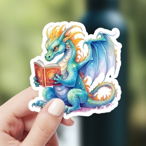 Adesivo drago libro, adesivo in vinile impermeabile, adesivo per laptop da lettura, decalcomania per telefono bottiglia d'acqua libresca, regalo per lettore fantasy per amante dei libri