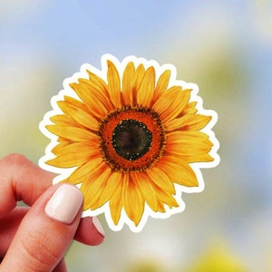 Sticker tournesol aquarelle, vinyle autocollant fleurs d'été, sticker floral jaune pour ordinateur portable, décoration esthétique bouteille d'eau Hydroflask gobelet