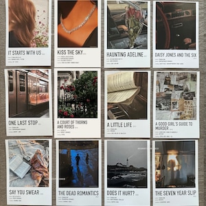 Pu&ograve; includere: Un collage di 10 copertine di libri con design minimalisti che presentano una variet&agrave; di immagini, tra cui un vagone della metropolitana, un pianoforte, un faro e una donna con una collana. I titoli dei libri sono elencati sotto ogni immagine, tra cui "It Starts With Us", "Kiss the Sky", "Haunting Adeline", "Daisy Jones and the Six", "One Last Stop", "A Court of Thorns and Roses", "A Little Life", "A Good Girl's Guide to Murder", "Say You Swear", "The Dead Romantics", "Does It Hurt?" e "The Seven Year Slip".