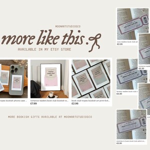 May include: A collection of book club themed bookmarks and other items, including a phone case, art print, and a framed print. The items feature a pink and gray color scheme with the text "Romance Readers Book Club" and "Book Club".