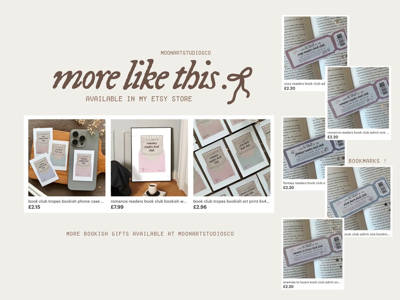 May include: A collection of book club themed bookmarks and other items, including a phone case, art print, and a framed print. The items feature a pink and gray color scheme with the text "Romance Readers Book Club" and "Book Club".
