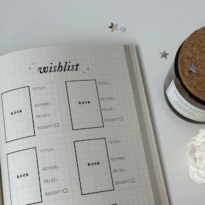 Puede incluir: Una p&aacute;gina de un cuaderno con un patr&oacute;n de cuadr&iacute;cula, titulada "wishlist". La p&aacute;gina est&aacute; dividida en cuatro secciones, cada una con un encabezado para "book" y espacios para escribir el t&iacute;tulo, el autor, el precio y si el libro se ha comprado.