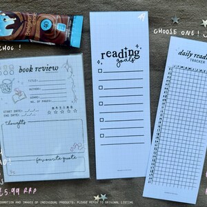 May include: Three printable planner pages for book lovers. The first page is a book review template with sections for title, author, genre, number of pages, start and end dates, rating, and thoughts. The second page is a reading goals list with checkboxes. The third page is a daily reading tracker with a grid for each day of the month.