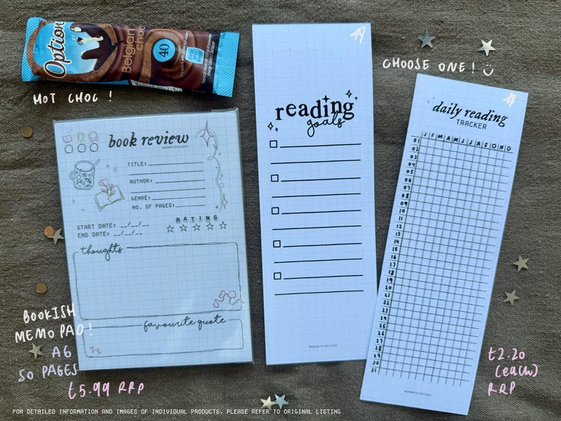 May include: Three printable planner pages for book lovers. The first page is a book review template with sections for title, author, genre, number of pages, start and end dates, rating, and thoughts. The second page is a reading goals list with checkboxes. The third page is a daily reading tracker with a grid for each day of the month.