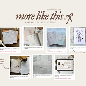 Puede incluir: Un collage de im&aacute;genes que muestran diferentes diarios y cuadernos de lectura. Los diarios presentan varios dise&ntilde;os, incluyendo patrones florales, corazones y una bombilla con flores. El texto "more like this" se muestra en la parte superior del collage, junto con la frase "AVAILABLE IN MY ETSY STORE".