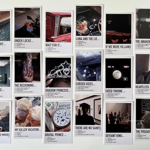 May include: A set of 16 printable movie poster designs featuring various images and text. The posters are in a minimalist style with a white background and black text. Some of the titles include "Without Merit", "Under Locke", "Wait for It", "Luna and the Lie", "If We Were Villains", "The Awakening", "Ruthless Fae", "The Reckoning", "Shadow Princess", "Cursed Fates", "Fated Throne", "Heartless Sky", "Better Than the Movies", "My Killer Vacation", "Brutal Prince", "There Are No Saints", "Deviant King", and "The Predator".