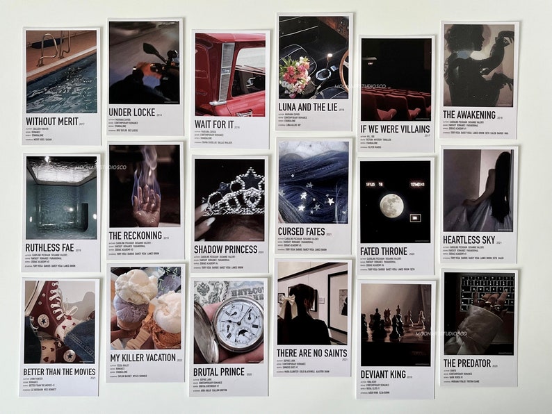 May include: A set of 16 printable movie poster designs featuring various images and text. The posters are in a minimalist style with a white background and black text. Some of the titles include "Without Merit", "Under Locke", "Wait for It", "Luna and the Lie", "If We Were Villains", "The Awakening", "Ruthless Fae", "The Reckoning", "Shadow Princess", "Cursed Fates", "Fated Throne", "Heartless Sky", "Better Than the Movies", "My Killer Vacation", "Brutal Prince", "There Are No Saints", "Deviant King", and "The Predator".