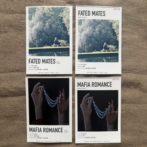 Może przedstawiać: Cztery karty w stylu plakat&oacute;w filmowych z tytułami "Fated Mates" i "Mafia Romance". Plakaty przedstawiają obrazy osoby siedzącej na ławce nad jeziorem i pary dłoni trzymających sznur pereł. Tekst na plakatach zawiera słowa "Book Club", "Tot Class", "Admit One", "Anywhere & Anytime" i "Destiny Always Finds a Way".