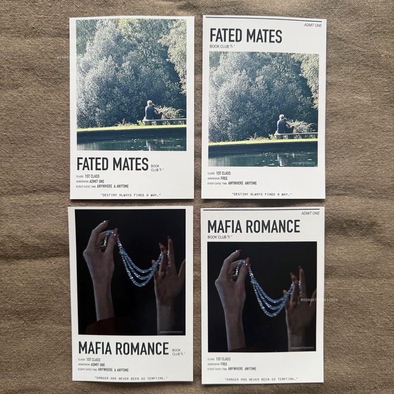 Może przedstawiać: Cztery karty w stylu plakat&oacute;w filmowych z tytułami "Fated Mates" i "Mafia Romance". Plakaty przedstawiają obrazy osoby siedzącej na ławce nad jeziorem i pary dłoni trzymających sznur pereł. Tekst na plakatach zawiera słowa "Book Club", "Tot Class", "Admit One", "Anywhere & Anytime" i "Destiny Always Finds a Way".