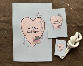 certified book lover print | mini 6x4 A4 wall art, reader book poster decor, bookish gift, booktok book merch, cute poster literacy print