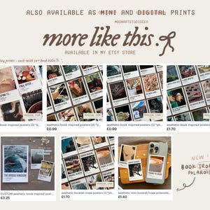 Pu&ograve; includere: Una collezione di poster ispirati a libri estetici e mini polaroid. I poster presentano immagini di libri, natura e altri elementi estetici. Le polaroid sono in stile tropo letterario. Il testo sull'immagine dice "more like this.f AVAILABLE IN MY ETSY STORE".