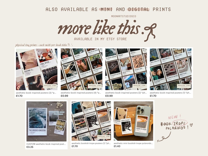 Pu&ograve; includere: Una collezione di poster ispirati a libri estetici e mini polaroid. I poster presentano immagini di libri, natura e altri elementi estetici. Le polaroid sono in stile tropo letterario. Il testo sull'immagine dice "more like this.f AVAILABLE IN MY ETSY STORE".
