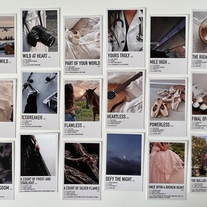 May include: A collage of 16 printable digital posters featuring various images and text. The posters are in a minimalist style with a white background and black text. The images include a plane, a camera, a cup of coffee, a doctor, a guitar, ballet shoes, cupcakes, a skull, a book, a horse, a night sky, and a tree. The text includes titles like "Wild at Heart", "Yours Truly", "The Right Move", "Icebreaker", "Heartless", "Final Offer", "Keeping 13", "Flawless", "Powerless", "A Court of Frost and Starlight", "Defy the Night", "The Ballad of Never After", "Crooked Kingdom", "A Court of Silver Flames", "Once Upon a Broken Heart", and "The Simple Wild".