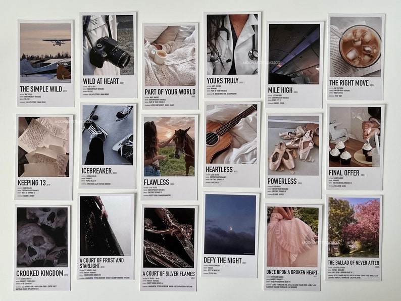 May include: A collage of 16 printable digital posters featuring various images and text. The posters are in a minimalist style with a white background and black text. The images include a plane, a camera, a cup of coffee, a doctor, a guitar, ballet shoes, cupcakes, a skull, a book, a horse, a night sky, and a tree. The text includes titles like "Wild at Heart", "Yours Truly", "The Right Move", "Icebreaker", "Heartless", "Final Offer", "Keeping 13", "Flawless", "Powerless", "A Court of Frost and Starlight", "Defy the Night", "The Ballad of Never After", "Crooked Kingdom", "A Court of Silver Flames", "Once Upon a Broken Heart", and "The Simple Wild".