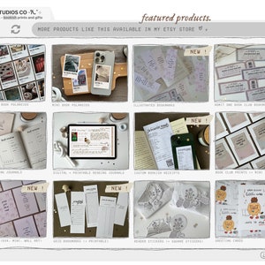 Op de afbeelding: Een collage van afbeeldingen die verschillende boekgerelateerde producten laten zien, waaronder ge&iuml;llustreerde bladwijzers, boekclubprints, leesdagboeken en wenskaarten. De producten worden weergegeven op een witte achtergrond met een lichtgrijze rand. De tekst "featured products" staat bovenaan de afbeelding in het zwart. De tekst "MORE PRODUCTS LIKE THIS AVAILABLE IN MY ETSY STORE" staat in het zwart onder de tekst van de gepresenteerde producten.