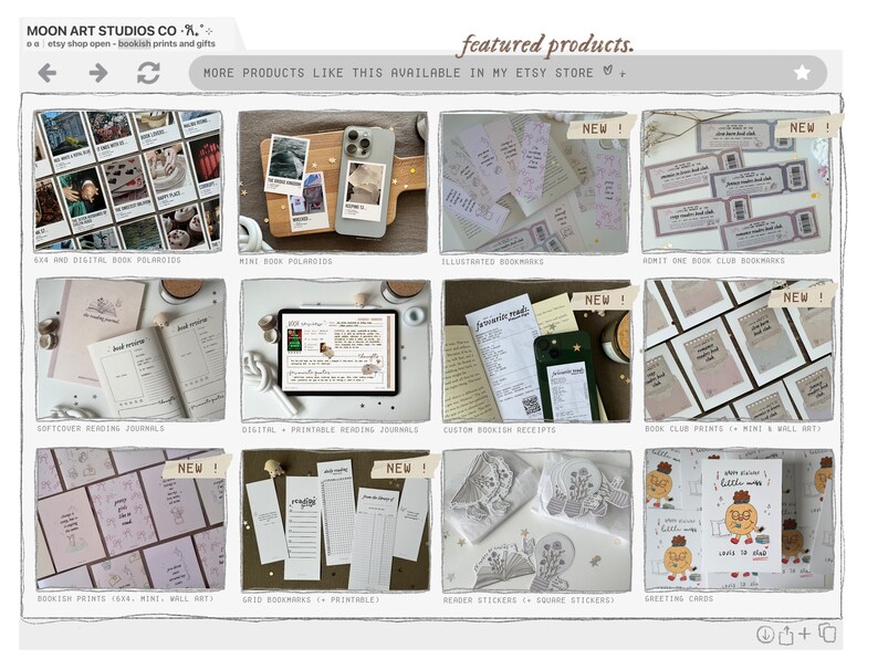 Op de afbeelding: Een collage van afbeeldingen die verschillende boekgerelateerde producten laten zien, waaronder ge&iuml;llustreerde bladwijzers, boekclubprints, leesdagboeken en wenskaarten. De producten worden weergegeven op een witte achtergrond met een lichtgrijze rand. De tekst "featured products" staat bovenaan de afbeelding in het zwart. De tekst "MORE PRODUCTS LIKE THIS AVAILABLE IN MY ETSY STORE" staat in het zwart onder de tekst van de gepresenteerde producten.