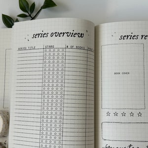 Puede incluir: Una p&aacute;gina de cuaderno con un patr&oacute;n de cuadr&iacute;cula y texto escrito a mano. El lado izquierdo de la p&aacute;gina est&aacute; etiquetado como "resumen de la serie" y tiene columnas para "t&iacute;tulo de la serie", "estrellas", "# de libros" y "p&aacute;gina #". El lado derecho de la p&aacute;gina est&aacute; etiquetado como "revisi&oacute;n de la serie" y tiene secciones para "t&iacute;tulo", "autor", "fecha de inicio", "fecha de finalizaci&oacute;n", "# de libros", "portada del libro" y "resumen".