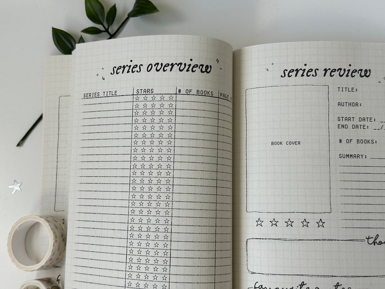Puede incluir: Una p&aacute;gina de cuaderno con un patr&oacute;n de cuadr&iacute;cula y texto escrito a mano. El lado izquierdo de la p&aacute;gina est&aacute; etiquetado como "resumen de la serie" y tiene columnas para "t&iacute;tulo de la serie", "estrellas", "# de libros" y "p&aacute;gina #". El lado derecho de la p&aacute;gina est&aacute; etiquetado como "revisi&oacute;n de la serie" y tiene secciones para "t&iacute;tulo", "autor", "fecha de inicio", "fecha de finalizaci&oacute;n", "# de libros", "portada del libro" y "resumen".