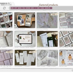 May include: A collage of images showcasing various products from an Etsy shop called Moon Art Studios Co. The products include book club prints, mini wall art, illustrated bookmarks, custom bookish receipts, grid bookmarks, render stickers, and greeting cards. The text "20% off when you spend &pound;50 - use code SAVE20" is displayed at the top of the image.
