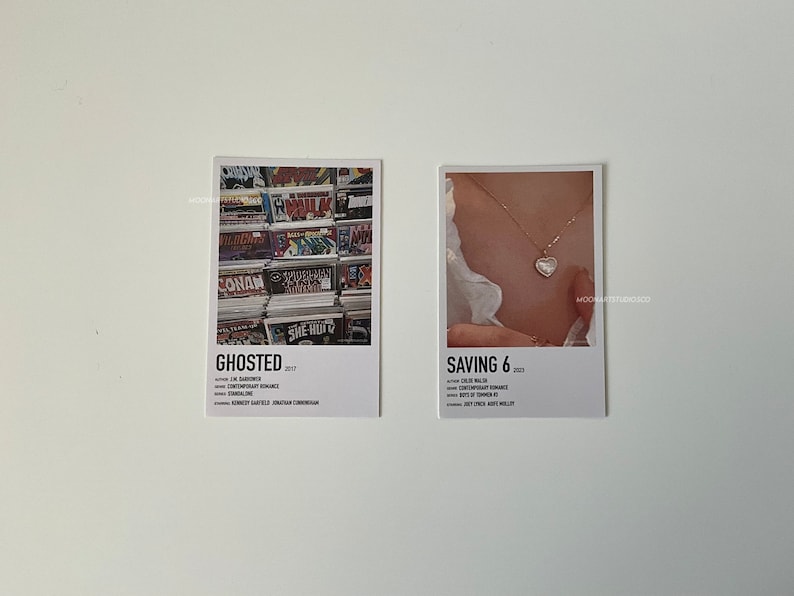 May include: Two minimalist movie poster prints with white borders. The left poster features a photo of a wall of comic books and the title "GHOSTED 2017". The right poster features a photo of a person wearing a necklace with a heart pendant and the title "SAVING 6 2023".