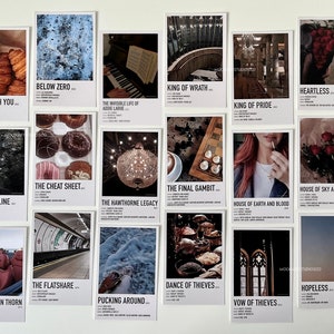 May include: A set of 18 printable book covers featuring various images and text. The covers are designed in a minimalist style with a white background and black text. The images include a cup of coffee, a croissant, a piano, a chandelier, a chessboard, a bouquet of red roses, a subway station, a snowy landscape, a pile of spices, a church window, and a crescent moon.