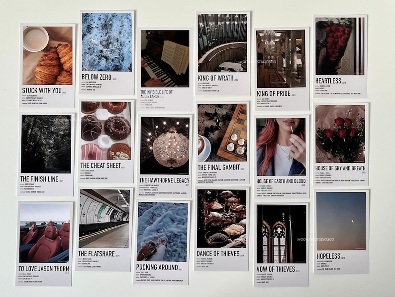 May include: A set of 18 printable book covers featuring various images and text. The covers are designed in a minimalist style with a white background and black text. The images include a cup of coffee, a croissant, a piano, a chandelier, a chessboard, a bouquet of red roses, a subway station, a snowy landscape, a pile of spices, a church window, and a crescent moon.
