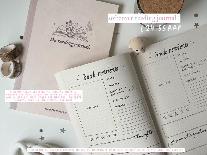 May include: A pink and white reading journal with a book illustration on the cover. The journal has a section for book reviews with space for the title, author, start and end dates, number of pages, a summary, and thoughts. The journal also has a section for favorite quotes. The text on the cover reads "the reading journal."